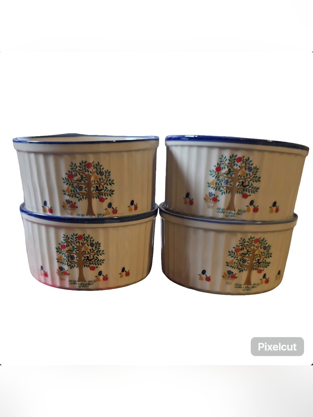 New Set of 4 Vintage Ceramic Oval Ramekins with Fruit Tree Motif Japan Made